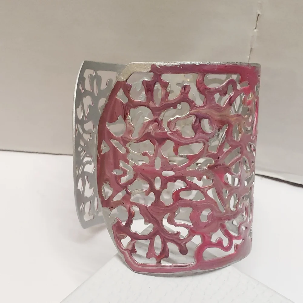 Hand Painted Abstract Pink & Silver Cuff Bracelet Filigree Statement Bracelet